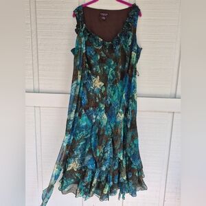 Robbie Bee Teal & Brown Ruffled Abstract Floral Maxi Dress 18W Boho Fairycore